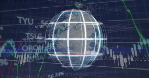 Displaying lit 3D globe rotating at market analytics display, showing イラスト素材