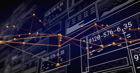 Displaying lit gold nodes linking orange lines over virtual panels, showing Stock Photos