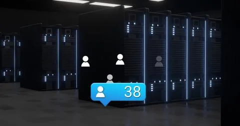 Displaying lit server racks on floor in data center, floating avatar icons and Stock Photos