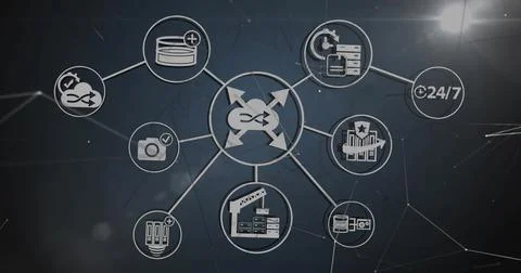 Displaying load balancing icon linking eight nodes in schematic, with database Foto stock