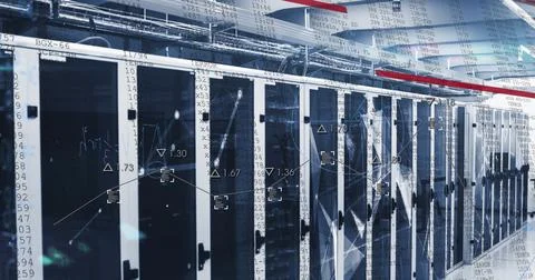 Displaying long narrow data center corridor hosting server racks with cables and Stock Photos