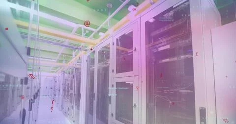 Displaying long row of server cabinets extending down data center aisle, with Stock Photos