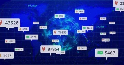 Displaying low-poly globe rotating over neon grid map, with floating pins 스톡 일러스트
