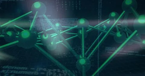 Displaying luminous green nodes and connecting rods on dark grid floor, with Foto stock