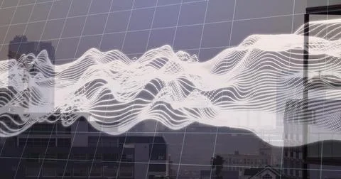 Displaying luminous waveform flowing over city rooftop from high-rise window, Foto stock