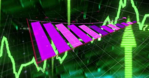 Displaying magenta 3D bar chart rising in virtual trading dashboard, with green Stock Photos