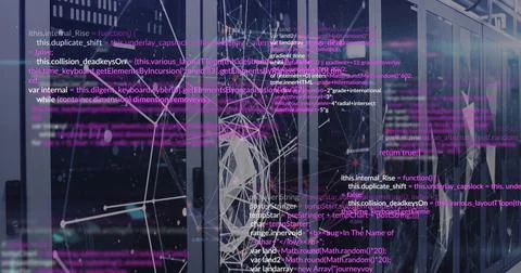 Displaying magenta and white code overlay covering data center aisle, with rack Stock-Fotos