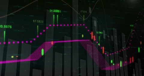 Displaying magenta chart element tracking market data on dark grid dashboard, Stock Photos