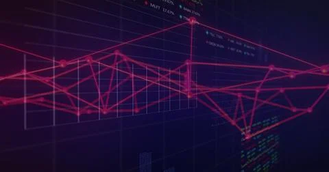 Displaying magenta connected line network glowing on futuristic dashboard, with Stock Illustration