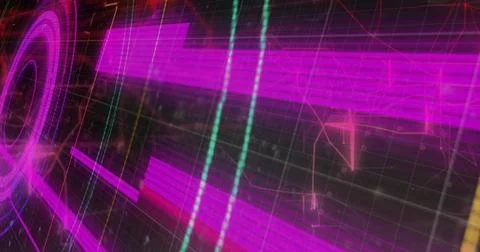 Displaying magenta neon bar array rotating in virtual 3D interface, with Ilustração Stock