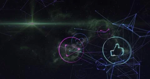 Displaying magenta play button icon floating in cosmic network in outer space, Foto stock