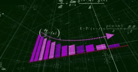 Displaying magenta-to-violet 3D bar chart rising on dark green grid with dotted 스톡 일러스트