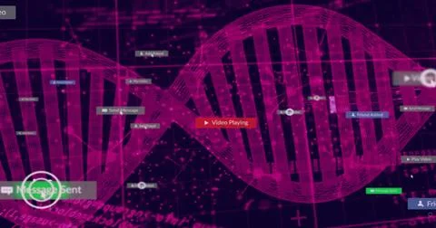 Displaying magenta wireframe DNA, floating UI panels annotating virtual data Stock Illustration
