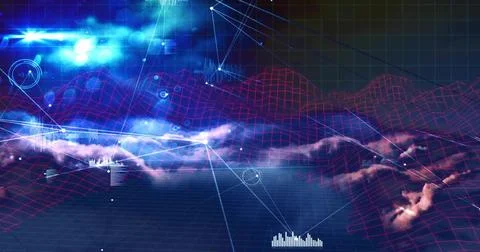 Displaying magenta wireframe grid hovering in purple mist in virtual interfac Stockillustratie