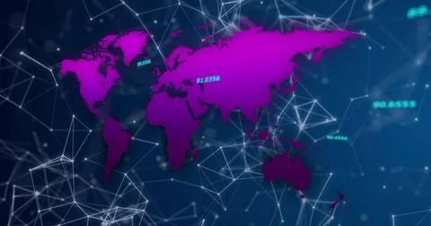 Displaying magenta world map linking network nodes in digital interface space Stock Photos