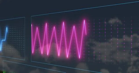 Displaying magenta zigzag waveform in holo dashboard with dotted grid, glowing Stock Photos