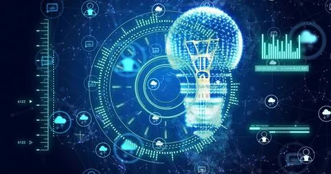 Displaying main low-poly lightbulb and concentric HUD pulsing in virtual Stock Illustration