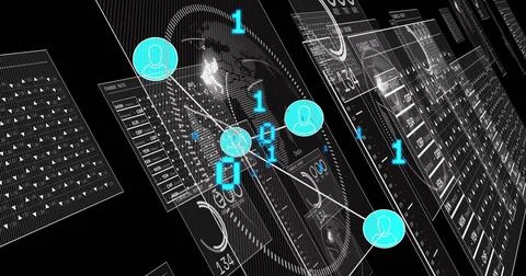 Displaying main panel presenting world map and cyan nodes in network dashboard, Illustrazione stock