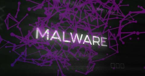 Displaying MALWARE floating in network environment, with purple nodes and three Illustrazione stock