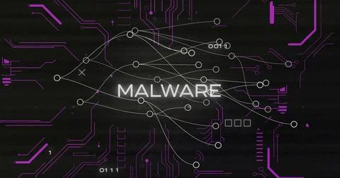 Displaying MALWARE label highlighting purple circuit traces in digital grid, Stock Illustration
