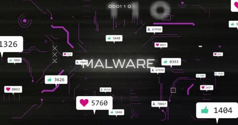 Displaying MALWARE text on digital interface, purple circuit patterns and Stock Illustration