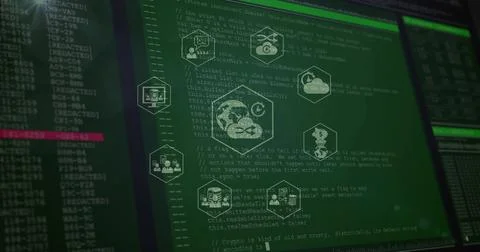 Displaying many monitors showing code with hexagon HUD icons in control room, Stock-Fotos