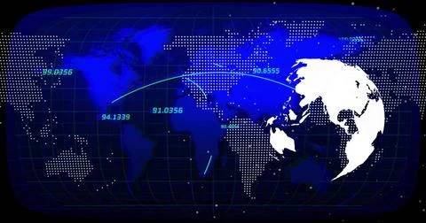 Displaying map in data dashboard with grid, dots, silhouette, numeric labels, 스톡 사진