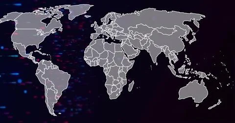 Displaying map with gray continents and white borders on dark screen, with red 스톡 일러스트