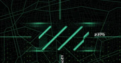Displaying map grid in interface with binary overlay, numeric readouts, cyan 写真素材