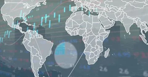 Displaying map outline over data interface showing candlesticks line graphs and 스톡 사진