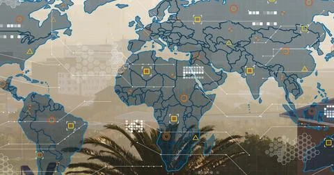 Displaying map overlay with data markers and connecting lines over city skyline Stock Photos