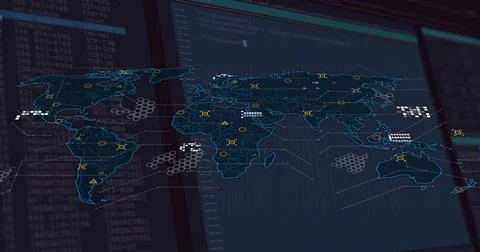Displaying map overlay on digital dashboard, with hex grids, alert and node 스톡 사진