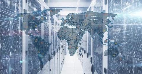 Displaying map overlay with network alerts in DC hall with racks, blinking LEDs Stock Photos