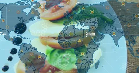 Displaying map overlay over burger components on white plate on wood table, with Stockfoto's
