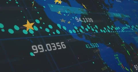 Displaying map showing grid lines, turquoise markers and data labels on navy Stock Illustration