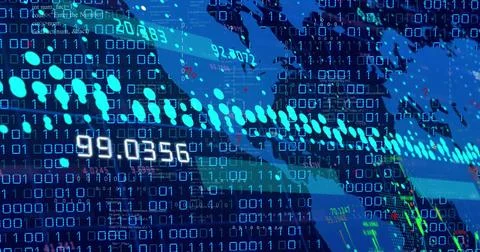 Displaying map silhouette on dashboard with binary grid and turquoise markers Stock Photos