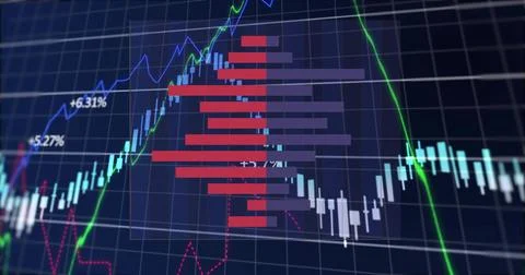 Displaying market chart centered on trade screen, showing candles, volume bars, Stock Illustration