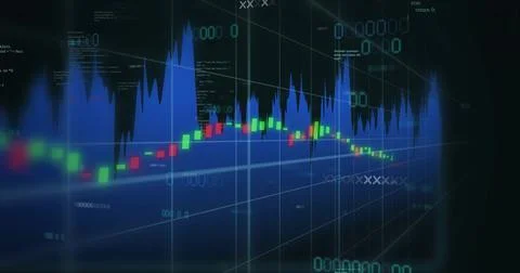 Displaying market chart centered on trading dashboard, with candlestick bars and Stock Illustration