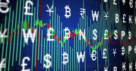 Displaying market chart on dark blue screen, showing green candles, price lines, Stock Illustration