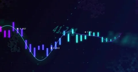 Displaying market chart on dark grid, showing cyan pink candlesticks, neon Illustrazione stock