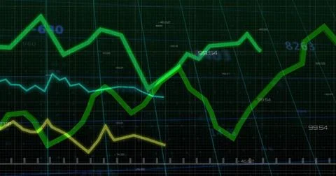 Displaying market chart on dark grid screen, showing thick neon green line with Stock Illustration