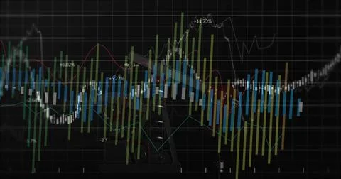 Displaying market chart on dark trading terminal, showing candlesticks, trend 스톡 일러스트