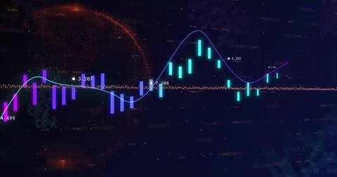 Displaying market chart on dashboard, with candlestick bars, curved line and Foto stock