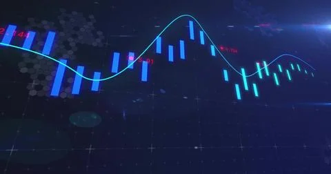 Displaying market chart on navy grid, with glowing cyan trend line, bars, red Illustrazione stock
