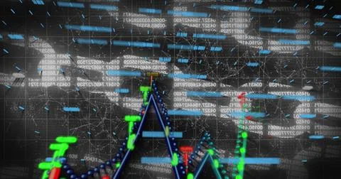 Displaying market chart pulsing in dashboard, with blue dotted line, green red Illustrazione stock