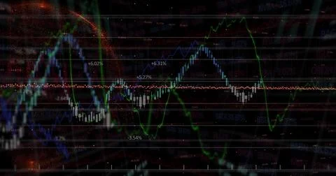Displaying market chart on screen with candlestick bars, colored lines, percent Stock Photos