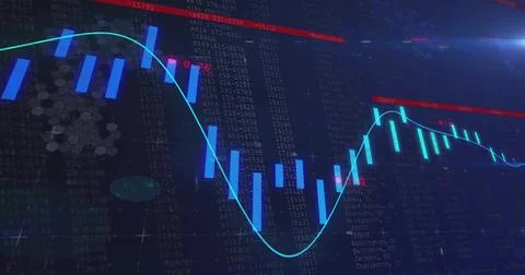 Displaying market chart tracking dip then recovery on trading dashboard, with Illustrazione stock