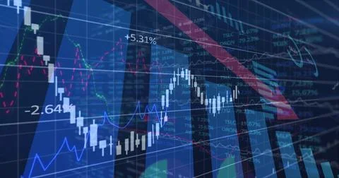 Displaying market chart on trading screen with candles, colored lines, percents Stock Illustration