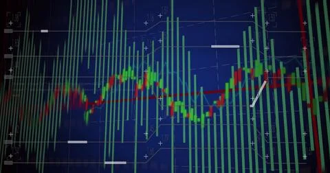 Displaying market chart on trading screen showing candlesticks, red trend line Stock Illustration