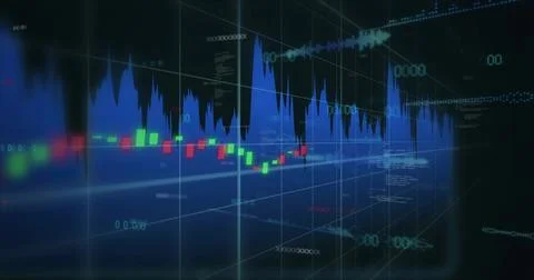 Displaying market chart in virtual 3D panel, showing blue plot, red and green Fotos de archivo